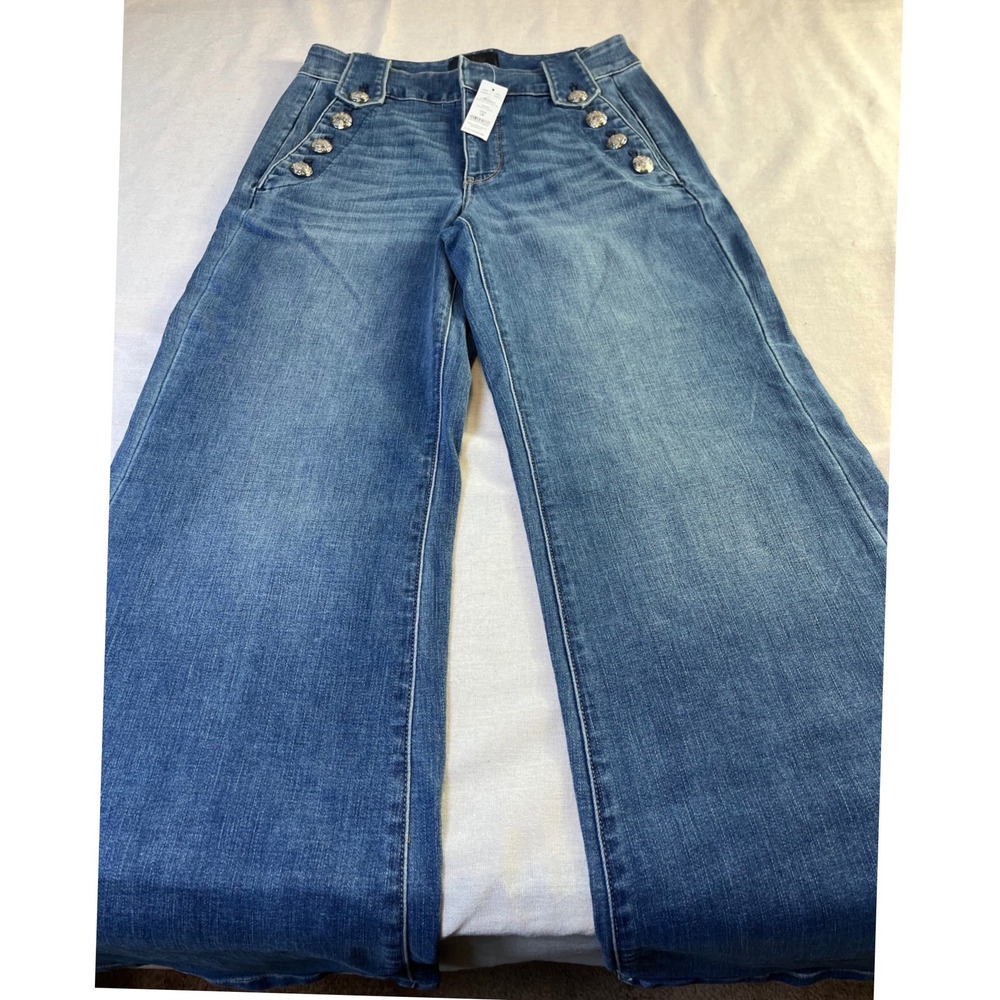 White House Black Market High Rise Wide Leg Sailor Button Jeans Montauk Blue 4R - Picture 7 of 16